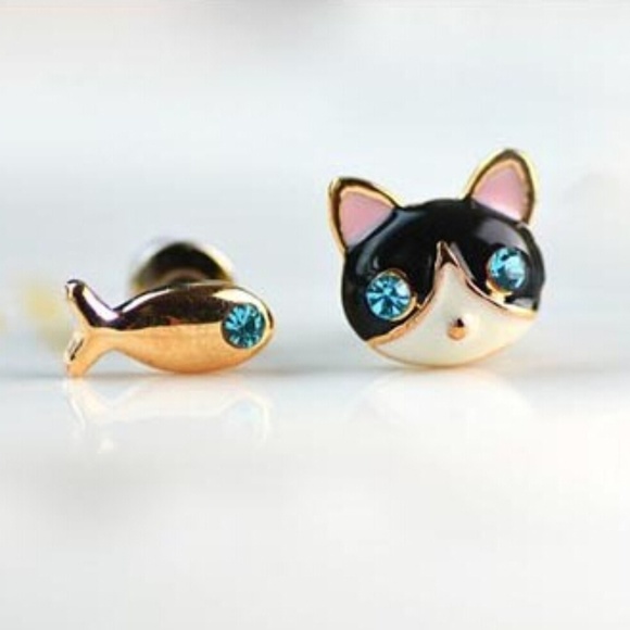 Jewelry - Enamel cat + fish stud earrings